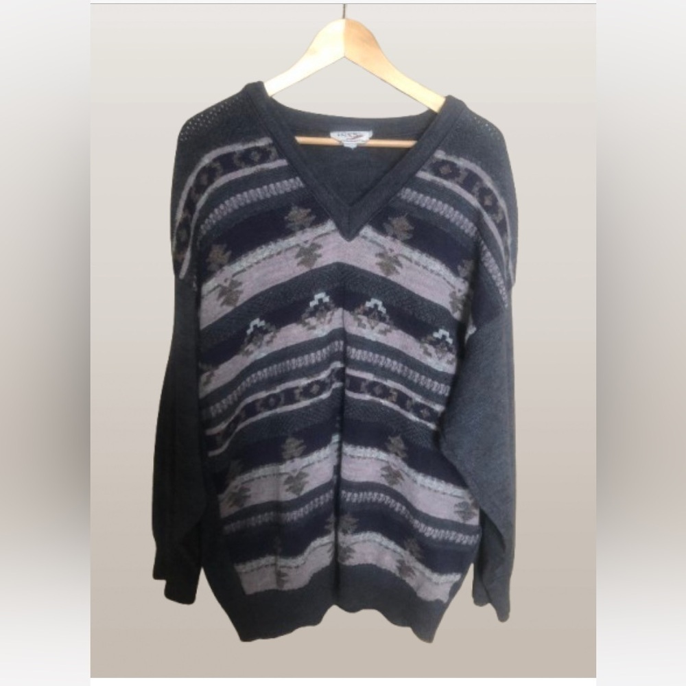 Vintage 90s Aztec Southwestern Wool Blend V-Neck Sweater XXL